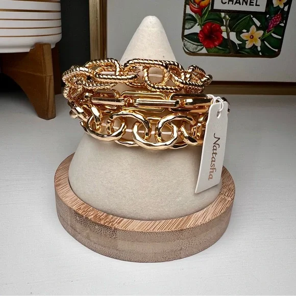 Natasha Chunky Gold Chain Bracelet Trio Stack Modern Bold Glam Fashion Forward - Picture 4 of 7